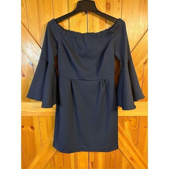 TRINA TURK MILEY OFF THE SHOULDER BELL SLEEVE DRESS NAVY SZ 6 NWT (4625) - Picture 2 of 8